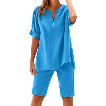👕🩳 Lässiges Damen-Set: Einfarbiges Kurzarm-Oberteil & Shorts – bequem & luftig