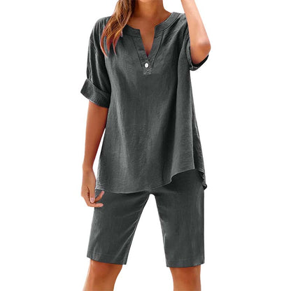 👕🩳 Lässiges Damen-Set: Einfarbiges Kurzarm-Oberteil & Shorts – bequem & luftig