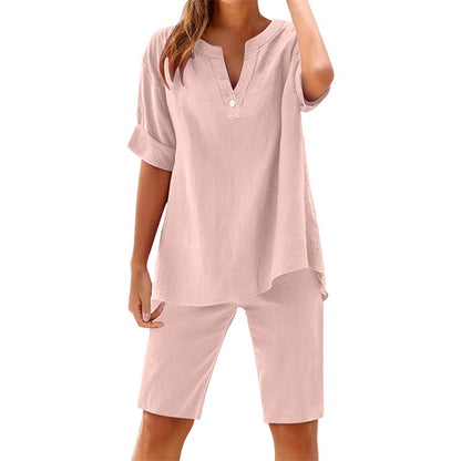 👕🩳 Lässiges Damen-Set: Einfarbiges Kurzarm-Oberteil & Shorts – bequem & luftig