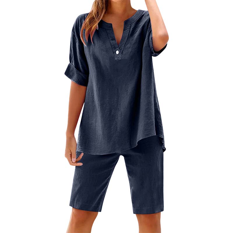 👕🩳 Lässiges Damen-Set: Einfarbiges Kurzarm-Oberteil & Shorts – bequem & luftig