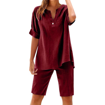 👕🩳 Lässiges Damen-Set: Einfarbiges Kurzarm-Oberteil & Shorts – bequem & luftig