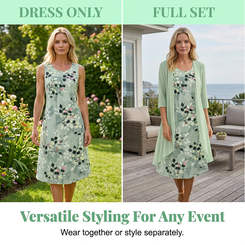 👗🌺 50% RABATT! Elegantes 2-teiliges Set aus Chiffonkleid und Strickjacke für Damen – Leicht, luftig & perfekt für festliche Anlässe & laue Sommerabende ✨