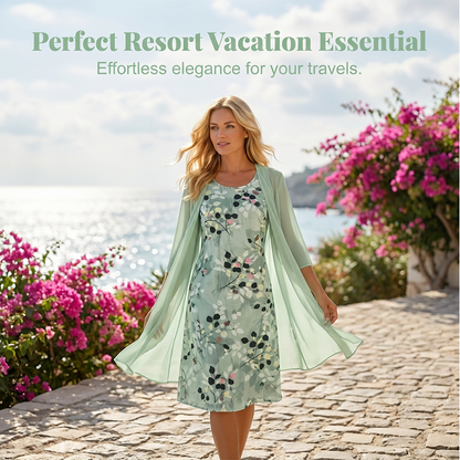 👗🌺 50% RABATT! Elegantes 2-teiliges Set aus Chiffonkleid und Strickjacke für Damen – Leicht, luftig & perfekt für festliche Anlässe & laue Sommerabende ✨