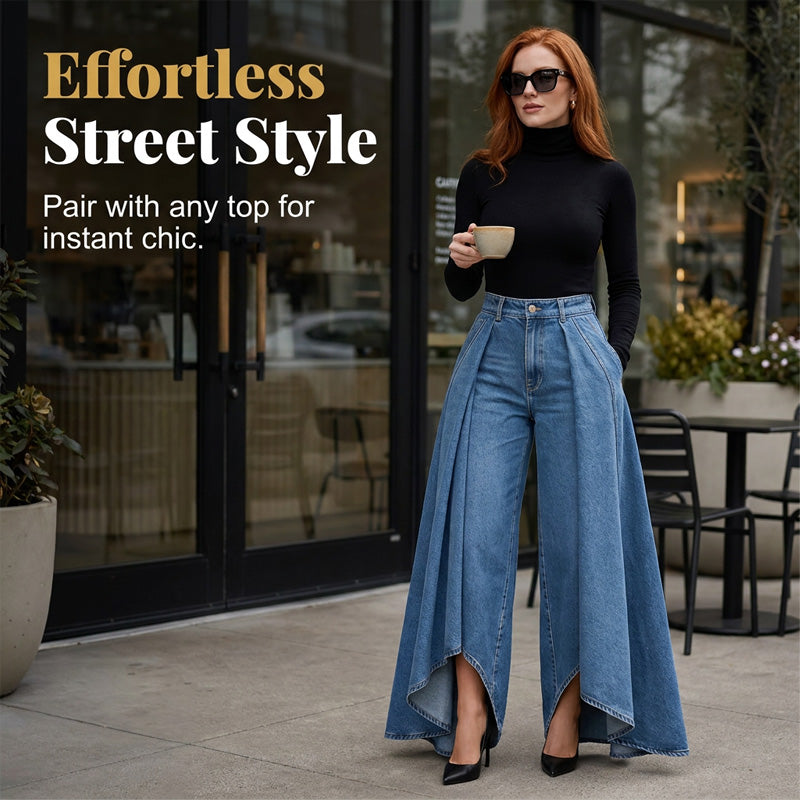👖 Damen Hochtaillierte Weitbein-Jeans mit High-Low-Saum – moderner Look, figurschmeichelnd & vielseitig kombinierbar