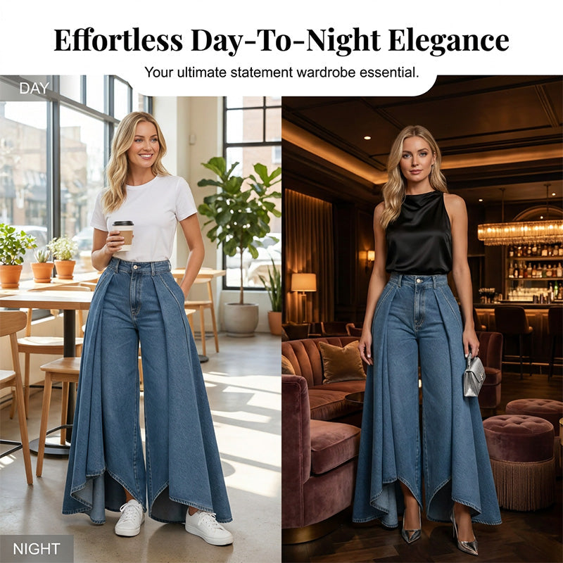 👖 Damen Hochtaillierte Weitbein-Jeans mit High-Low-Saum – moderner Look, figurschmeichelnd & vielseitig kombinierbar