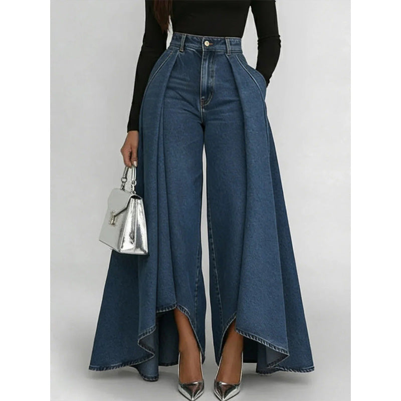 👖 Damen Hochtaillierte Weitbein-Jeans mit High-Low-Saum – moderner Look, figurschmeichelnd & vielseitig kombinierbar