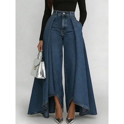 👖 Damen Hochtaillierte Weitbein-Jeans mit High-Low-Saum – moderner Look, figurschmeichelnd & vielseitig kombinierbar