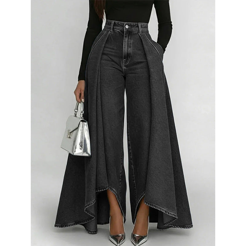👖 Damen Hochtaillierte Weitbein-Jeans mit High-Low-Saum – moderner Look, figurschmeichelnd & vielseitig kombinierbar