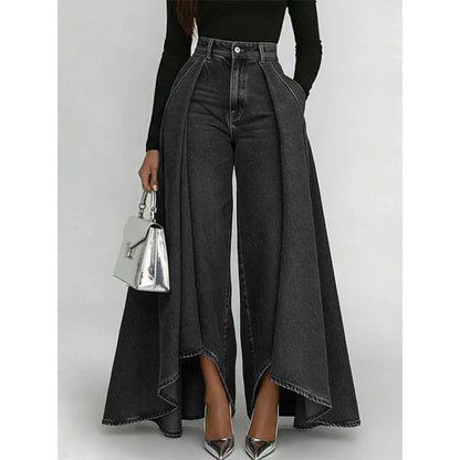 👖 Damen Hochtaillierte Weitbein-Jeans mit High-Low-Saum – moderner Look, figurschmeichelnd & vielseitig kombinierbar