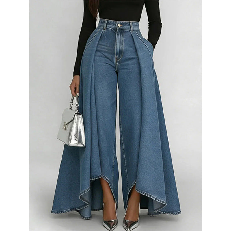 👖 Damen Hochtaillierte Weitbein-Jeans mit High-Low-Saum – moderner Look, figurschmeichelnd & vielseitig kombinierbar