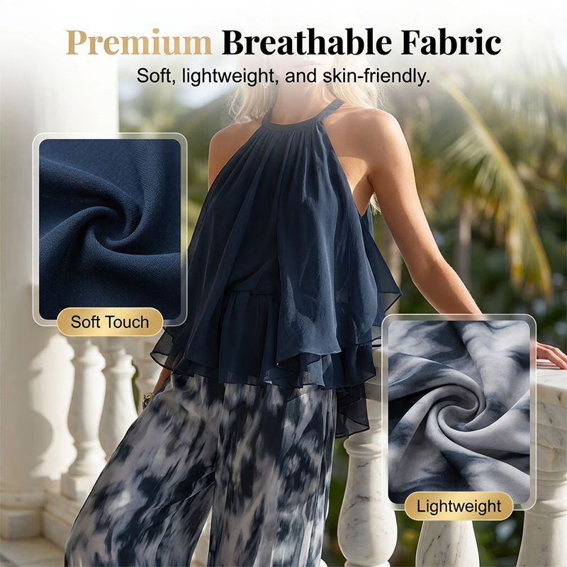 Zweiteiliges, locker sitzendes Neckholder-Outfit für Damen mit bedruckter Hose