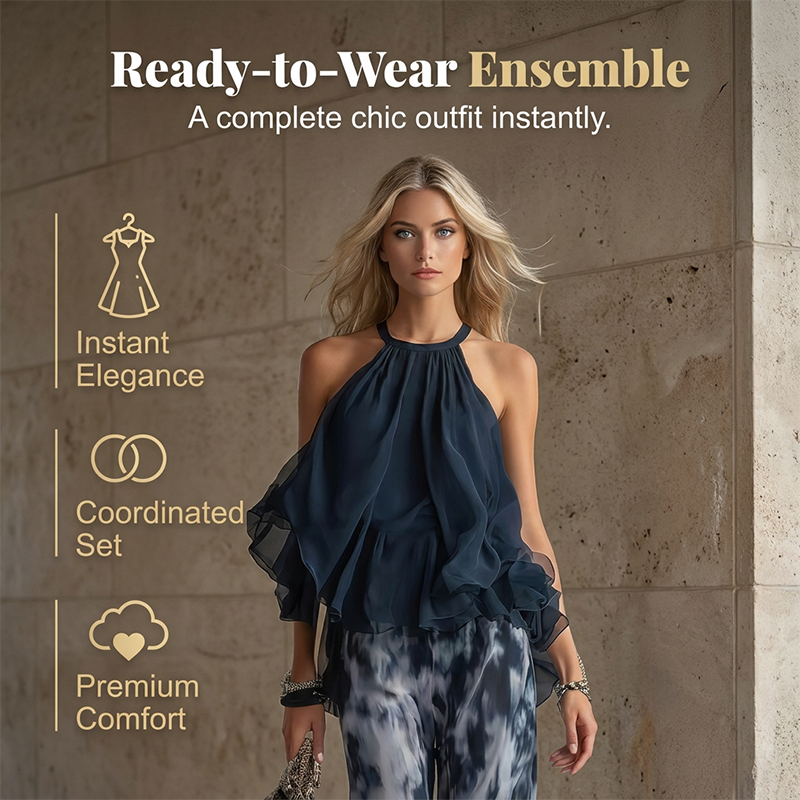 Zweiteiliges, locker sitzendes Neckholder-Outfit für Damen mit bedruckter Hose