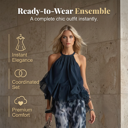 Zweiteiliges, locker sitzendes Neckholder-Outfit für Damen mit bedruckter Hose