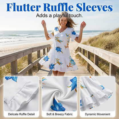 👗 Damen Stylish Printed Ruffle Dress mit Taschen – verspielt, bequem & praktisch – perfekt für Alltag & besondere Anlässe