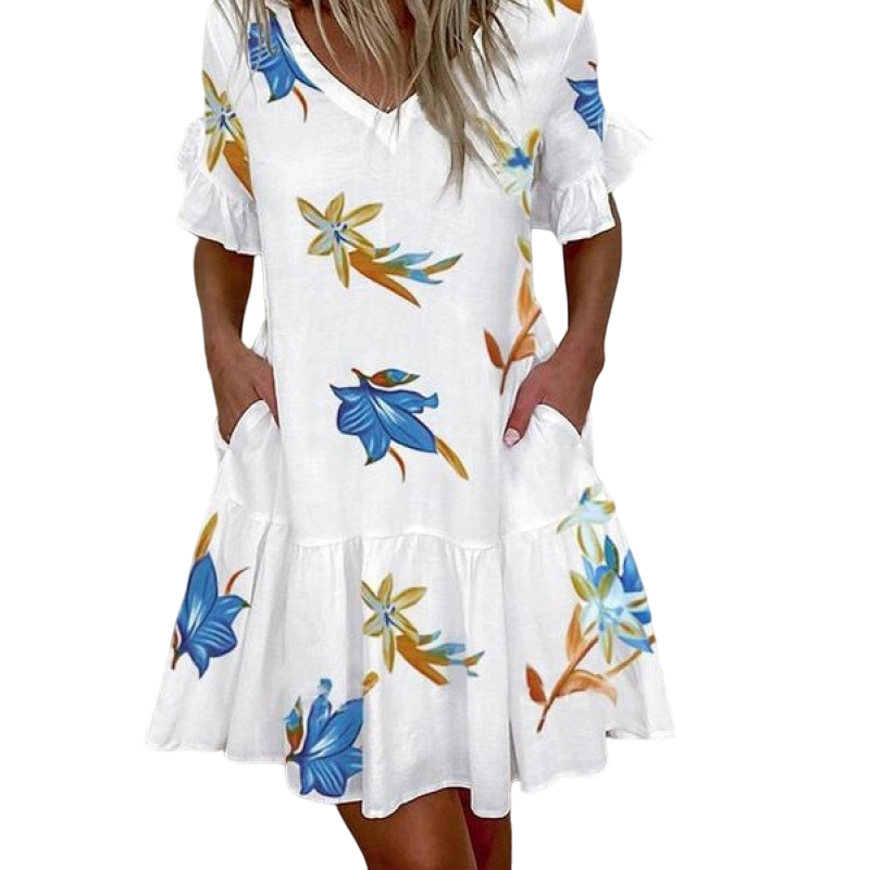 👗 Damen Stylish Printed Ruffle Dress mit Taschen – verspielt, bequem & praktisch – perfekt für Alltag & besondere Anlässe