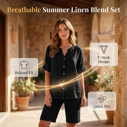 Damen Leinen V-Ausschnitt Hemd & Shorts Set