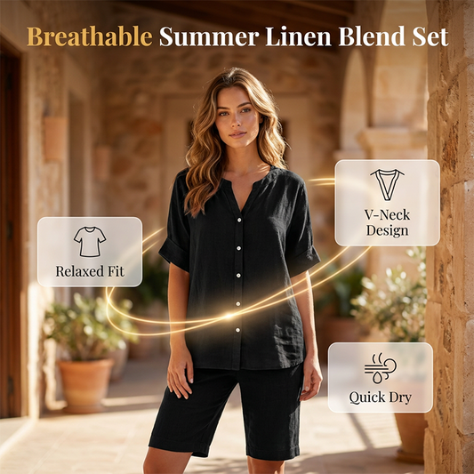 👚 Damen Leinen V-Ausschnitt Hemd & Shorts Set – luftig, bequem & perfekt aufeinander abgestimmt – ideal für Alltag, Reisen & Freizeit