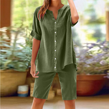 Damen Leinen V-Ausschnitt Hemd & Shorts Set
