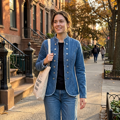✨ Jeans-Blazer mit Stehkragen & schmaler Passform – der perfekte Begleiter für einen eleganten, aber lässigen Look