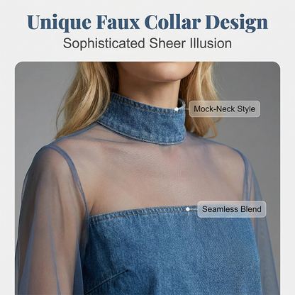 👗 Lantern Sleeve Faux Collar Denim Skirt – femininer Look mit Fake-Kragen, weiten Ärmeln & figurschmeichelndem Denim-Schnitt