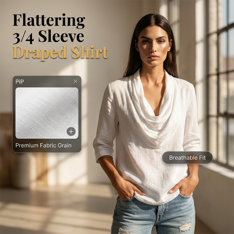 👚 Damen Drapierungskragen 3/4-Arm Faltenbluse – eleganter Look, figurschmeichelnd & perfekt für Büro, Alltag & besondere Anlässe
