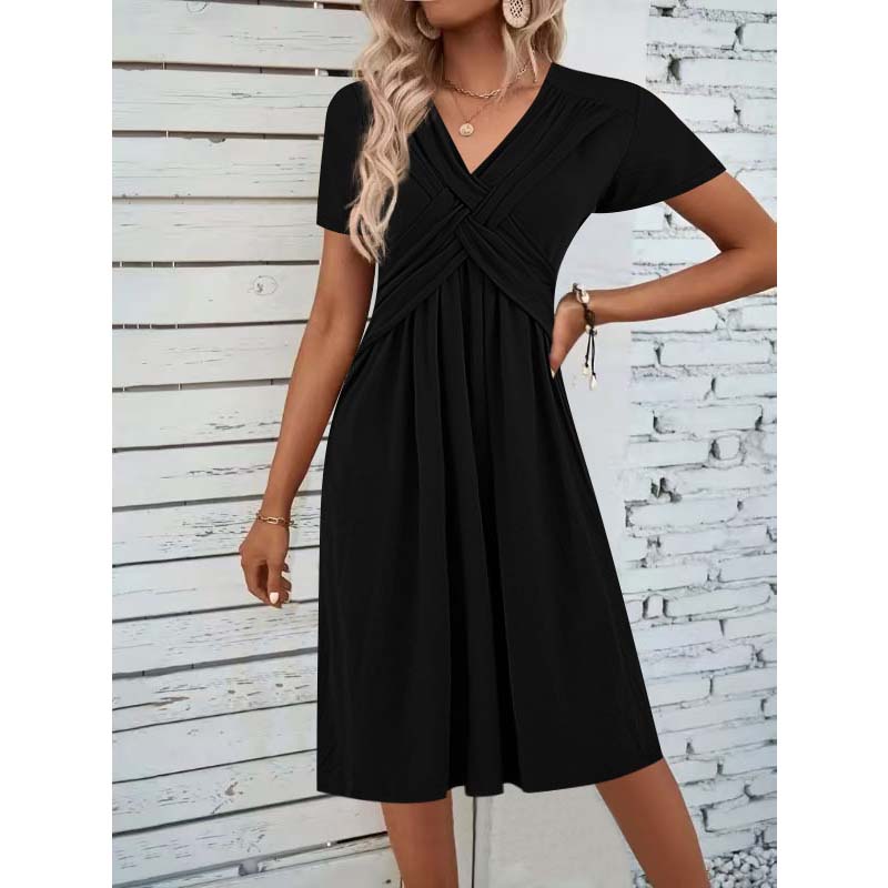 ✨ Kleid mit V-Ausschnitt & Cross-Front Design – leichter, fließender Stoff mit Falten – figurschmeichelnd & knitterarm