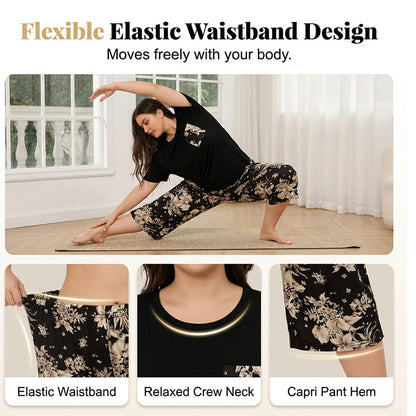 ✨☁️ Damen-Set mit Rundhals-Top & Capri-Hosen | Weicher Stoff, lockere Passform, ganztägig komfortabel für Alltag & Freizeit