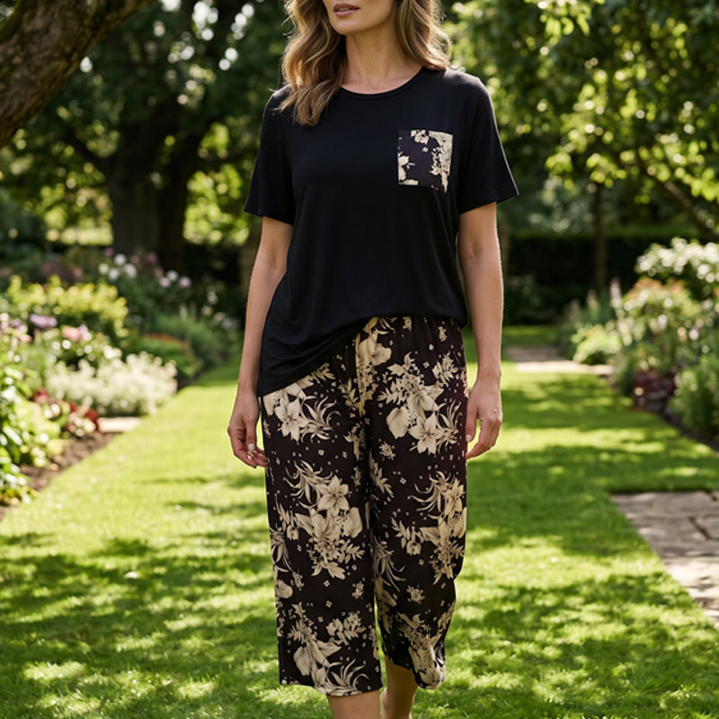 ✨☁️ Damen-Set mit Rundhals-Top & Capri-Hosen | Weicher Stoff, lockere Passform, ganztägig komfortabel für Alltag & Freizeit