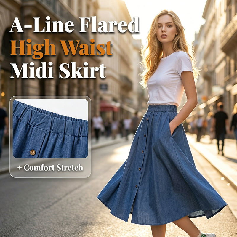 ✨ Jeans-Midirock mit Stretch-Anteil – hoher Bund, bequeme Passform & leicht zu kombinieren – zu T-Shirts, Blusen & Pullovern