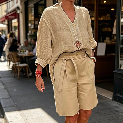 Damen lässiges V-Ausschnitt-Oberteil und Shorts Set
