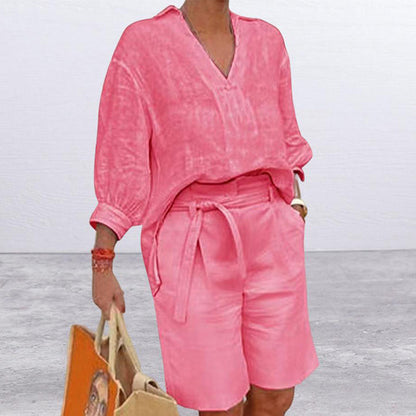 Damen lässiges V-Ausschnitt-Oberteil und Shorts Set