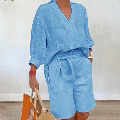 Damen lässiges V-Ausschnitt-Oberteil und Shorts Set