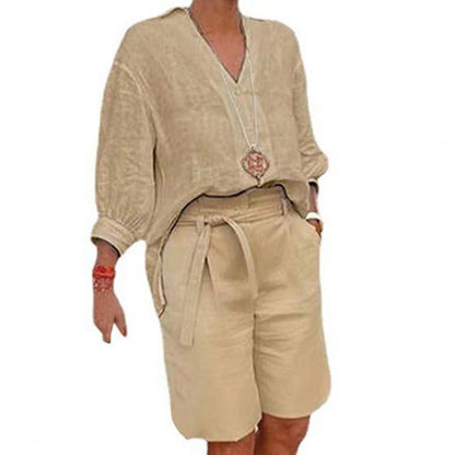 Damen lässiges V-Ausschnitt-Oberteil und Shorts Set