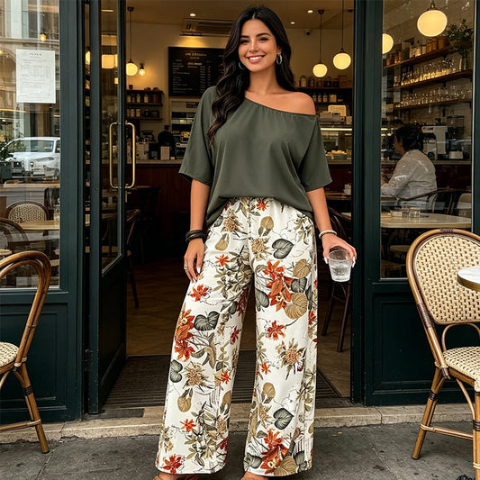 🌺 2-teiliges Set aus schulterfreiem Oberteil und bedruckter Hose für Damen – stylischer Look, luftig & perfekt aufeinander abgestimmt – ideal für Urlaub, Strand & Partys