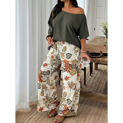 🌺2-teiliges Set aus schulterfreiem Oberteil und bedruckter Hose für Damen