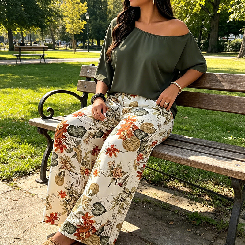 🌺2-teiliges Set aus schulterfreiem Oberteil und bedruckter Hose für Damen