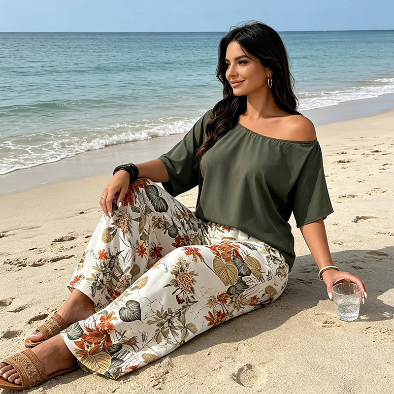 🌺2-teiliges Set aus schulterfreiem Oberteil und bedruckter Hose für Damen