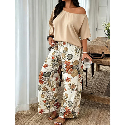 🌺2-teiliges Set aus schulterfreiem Oberteil und bedruckter Hose für Damen