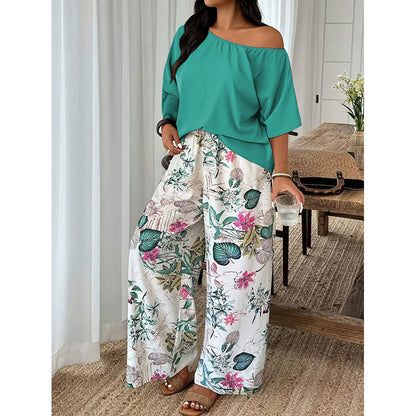 🌺2-teiliges Set aus schulterfreiem Oberteil und bedruckter Hose für Damen