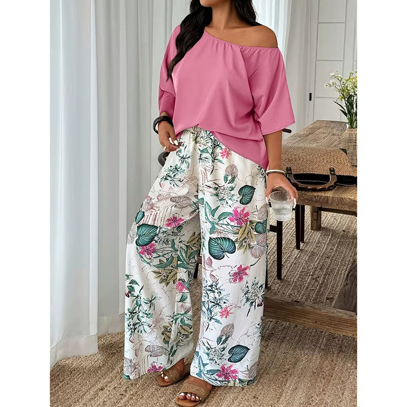 🌺2-teiliges Set aus schulterfreiem Oberteil und bedruckter Hose für Damen