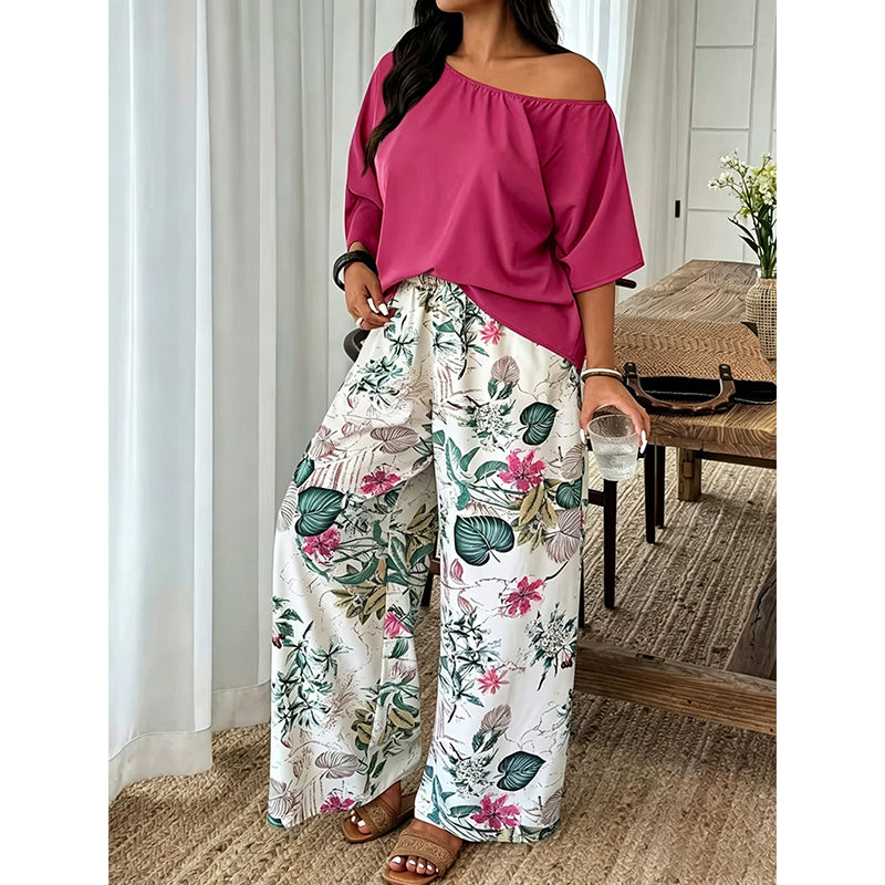 🌺2-teiliges Set aus schulterfreiem Oberteil und bedruckter Hose für Damen