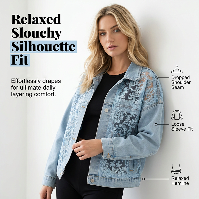 🔥 Locker sitzende Damenjeansjacke mit Blumenmuster und Spitzen-Patchwork