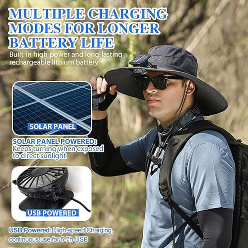 🧢 Sonnenhut mit breiter Krempe, solarbetriebenem Ventilator & abnehmbarem Gesichtsschutz – kühler Kopf, freie Hände – perfekt für Outdoor, Garten & Reisen