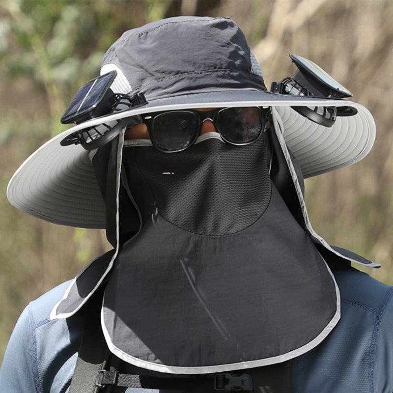 🧢 Sonnenhut mit breiter Krempe, solarbetriebenem Ventilator & abnehmbarem Gesichtsschutz – kühler Kopf, freie Hände – perfekt für Outdoor, Garten & Reisen