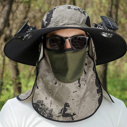 🧢 Sonnenhut mit breiter Krempe, solarbetriebenem Ventilator & abnehmbarem Gesichtsschutz – kühler Kopf, freie Hände – perfekt für Outdoor, Garten & Reisen