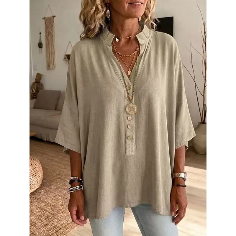 ✨Leichte Bluse mit V-Ausschnitt & Knopfleiste – figurschmeichelnd, knitterarm & leicht zu kombinieren – zu Hosen, Röcken & Shorts