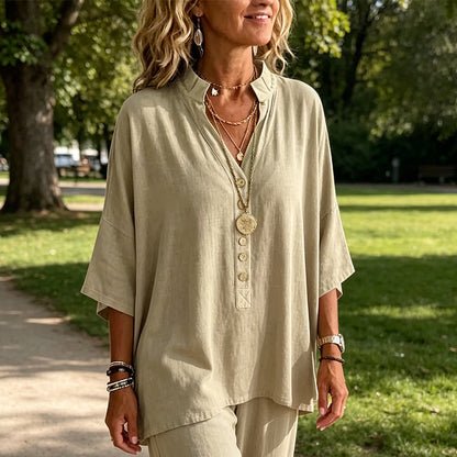 ✨Leichte Bluse mit V-Ausschnitt & Knopfleiste – figurschmeichelnd, knitterarm & leicht zu kombinieren – zu Hosen, Röcken & Shorts