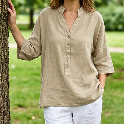 ✨Leichte Bluse mit V-Ausschnitt & Knopfleiste – figurschmeichelnd, knitterarm & leicht zu kombinieren – zu Hosen, Röcken & Shorts