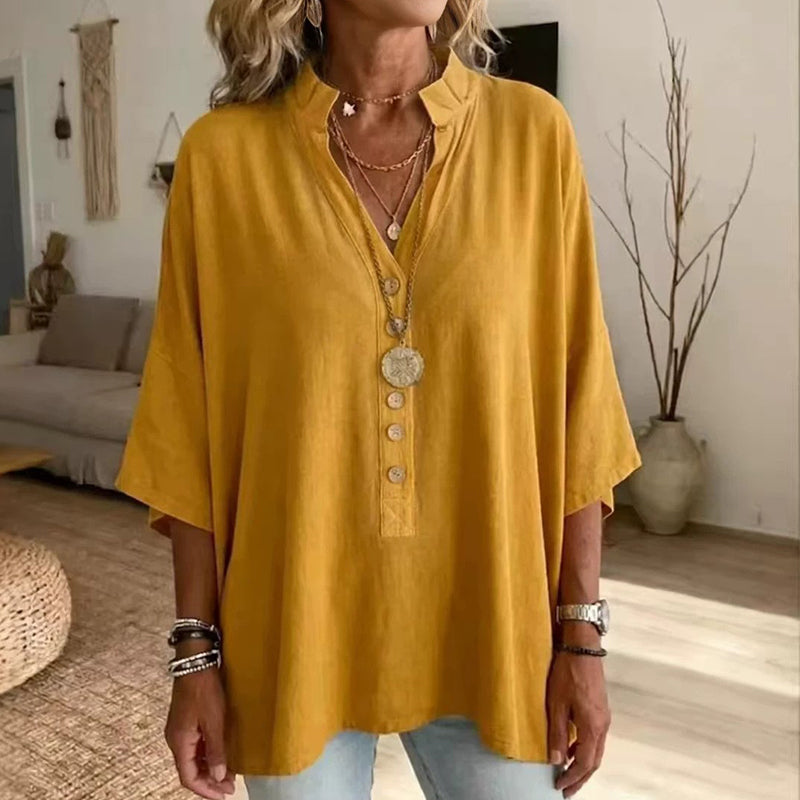 ✨Leichte Bluse mit V-Ausschnitt & Knopfleiste – figurschmeichelnd, knitterarm & leicht zu kombinieren – zu Hosen, Röcken & Shorts