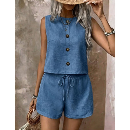 Ärmelloses Tanktop mit Knopfleiste und Shorts für Damen